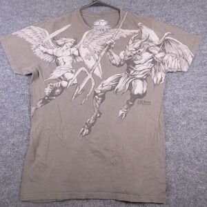Y2K 7.62 Design Shirt Mens Large Beige Angel Demon Religious Graphic T Shirt Tee